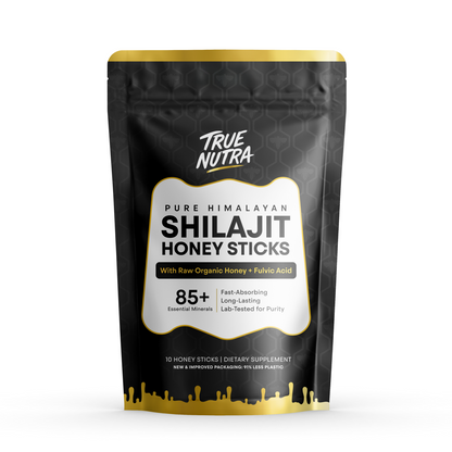 True Nutra Pure Himalayan Shilajit Honey Sticks with Raw Organic Honey and Fulvic Acid 85+ Essential Minerals Fast Absorbing Long Lasting 10 Sticks